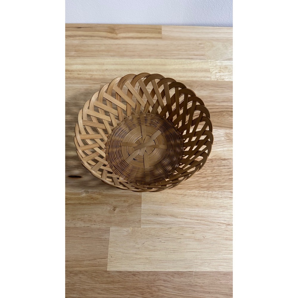 Vintage Woven Bamboo Basket Bowl Lattice Open Weave Natural Wood Boho Decor